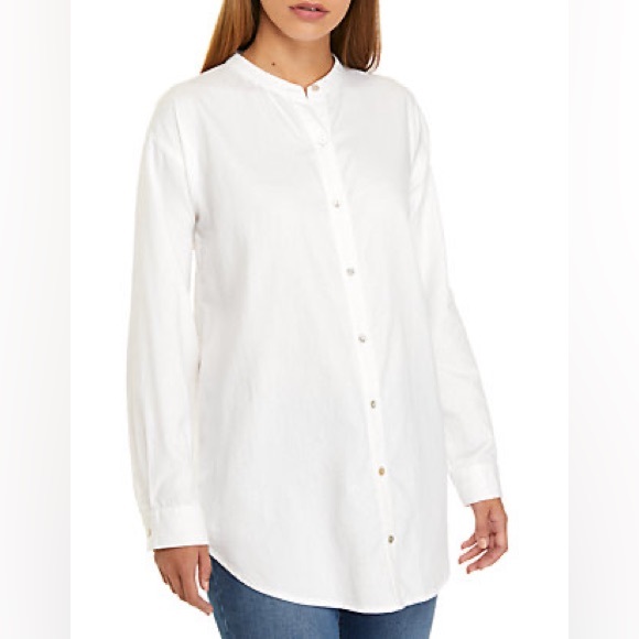 Eileen Fisher Tops - EILEEN FISHER Organic Twill Button Mandarin Off White Collarless blouse SZ 2X